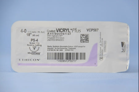 Coated Vicryl Plus Antibacterial Suture with Needle Absorbable Coated Undyed Suture Braided Polyglactin 910 with Irgacare MP Antibacterial Suture Size 4-0 18 Inch Suture 1-Needle 16 mm Length 1/2 Circle Precision Point - Reverse Cutting Needle
