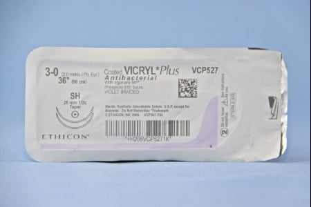 Coated Vicryl Plus Antibacterial Suture with Needle Absorbable Coated Violet Suture Braided Polyglactin 910 with Irgacare MP Antibacterial Suture Size 3-0 36 Inch Suture Double-Armed 26 mm Length 1/2 Circle Taper Point Needle