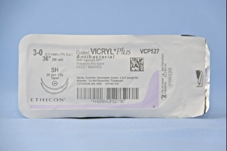 Coated Vicryl Plus - Antibacterial Suture with Needle Absorbable Coated Violet Suture Braided Polyglactin 910 with Irgacare MP Antibacterial Suture Size 3 - 0 36 Inch Suture Double-Armed 26 mm Length 1/2 Circle Taper Point Needle - VCP527H