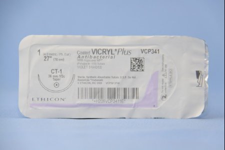 J & J Healthcare Systems Coated Vicryl Plus Antibacterial Suture with Needle Absorbable Coated Violet Suture Braided Polyglactin 910 with Irgacare MP Antibacterial Suture Size 1 27 Inch Suture 1-Needle 36 mm Length 1/2 Circle Taper Point Needle - VCP341H