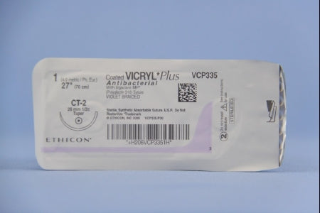Coated Vicryl Plus - Antibacterial Suture with Needle Absorbable Coated Violet Suture Braided Polyglactin 910 with Irgacare MP Antibacterial Suture Size 1 27 Inch Suture 1-Needle 26 mm Length 1/2 Circle Taper Point Needle - VCP335H
