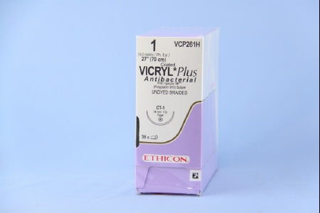 J & J Healthcare Systems Coated Vicryl Plus Antibacterial Suture with Needle Absorbable Coated Undyed Suture Braided Polyglactin 910 with Irgacare MP Antibacterial Suture Size 1 27 Inch Suture 1-Needle 36 mm Length 1/2 Circle Taper Point Needle - VCP261H