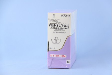 Coated Vicryl Plus - Antibacterial Suture with Needle Absorbable Coated Undyed Suture Braided Polyglactin 910 with Irgacare MP Antibacterial Suture Size 1 27 Inch Suture 1-Needle 36 mm Length 1/2 Circle Taper Point Needle - VCP261H