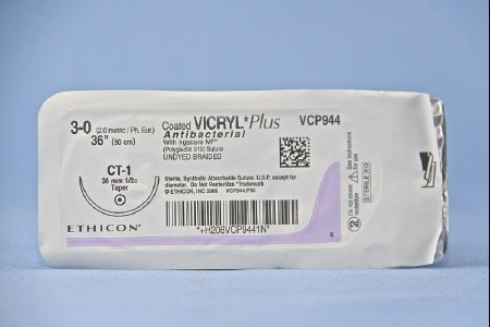Coated Vicryl Plus Antibacterial Suture with Needle Absorbable Coated Undyed Suture Braided Polyglactin 910 with Irgacare MP Antibacterial Suture Size 3-0 36 Inch Suture 1-Needle 36 mm Length 1/2 Circle Taper Point Needle