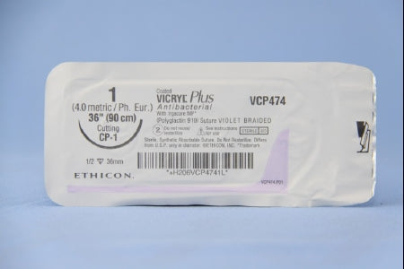 Coated Vicryl Plus Antibacterial Suture with Needle Absorbable Coated Violet Suture Braided Polyglactin 910 with Irgacare MP Antibacterial Suture Size 1 36 Inch Suture 1-Needle 36 mm Length 1/2 Circle Reverse Cutting Needle