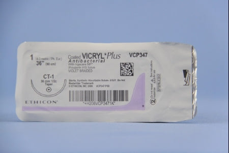 J & J Healthcare Systems Coated Vicryl Plus Antibacterial Suture with Needle Absorbable Coated Violet Suture Braided Polyglactin 910 with Irgacare MP Antibacterial Suture Size 1 36 Inch Suture 1-Needle 36 mm Length 1/2 Circle Taper Point Needle - VCP347H