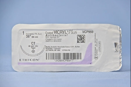 J & J Healthcare Systems Coated Vicryl Plus Antibacterial Suture with Needle Absorbable Coated Undyed Suture Braided Polyglactin 910 with Irgacare MP Antibacterial Suture Size 1 36 Inch Suture 1-Needle 40 mm Length 1/2 Circle Taper Point Needle - VCP959H