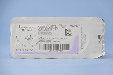 J & J Healthcare Systems Coated Vicryl Plus Antibacterial Suture with Needle Absorbable Coated Undyed Suture Braided Polyglactin 910 with Irgacare MP Antibacterial Suture Size 1 36 Inch Suture 1-Needle 48 mm Length 1/2 Circle Taper Point Needle - VCP977H