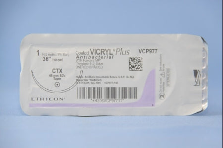Coated Vicryl Plus - Antibacterial Suture with Needle Absorbable Coated Undyed Suture Braided Polyglactin 910 with Irgacare MP Antibacterial Suture Size 1 36 Inch Suture 1-Needle 48 mm Length 1/2 Circle Taper Point Needle - VCP977H