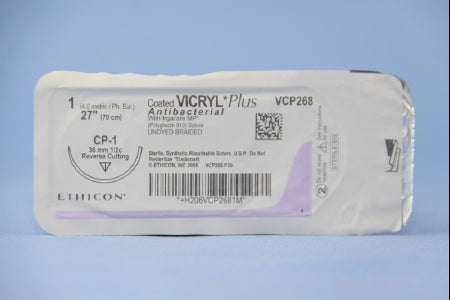 Coated Vicryl Plus Antibacterial Suture with Needle Absorbable Coated Undyed Suture Braided Polyglactin 910 with Irgacare MP Antibacterial Suture Size 1 27 Inch Suture 1-Needle 36 mm Length 1/2 Circle Reverse Cutting Needle