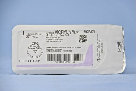 Coated Vicryl Plus - Antibacterial Suture with Needle Absorbable Coated Undyed Suture Braided Polyglactin 910 with Irgacare MP Antibacterial Suture Size 1 27 Inch Suture 1-Needle 26 mm Length 1/2 Circle Reverse Cutting Needle - VCP871H