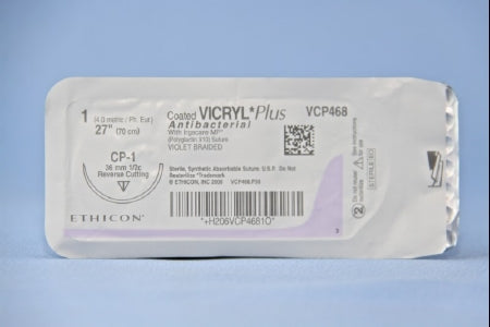 Coated Vicryl Plus Antibacterial Suture with Needle Absorbable Coated Violet Suture Braided Polyglactin 910 with Irgacare MP Antibacterial Suture Size 1 27 Inch Suture 1-Needle 36 mm Length 1/2 Circle Reverse Cutting Needle