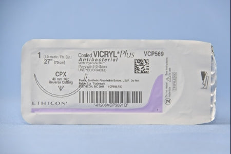 Coated Vicryl Plus Antibacterial Suture with Needle Absorbable Coated Undyed Suture Braided Polyglactin 910 with Irgacare MP Antibacterial Suture Size 1 27 Inch Suture 1-Needle 48 mm Length 1/2 Circle Reverse Cutting Needle