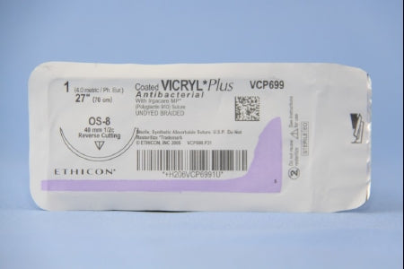 Coated Vicryl Plus Antibacterial Suture with Needle Absorbable Coated Undyed Suture Braided Polyglactin 910 with Irgacare MP Antibacterial Suture Size 1 27 Inch Suture 1-Needle 40 mm Length 1/2 Circle Reverse Cutting Needle