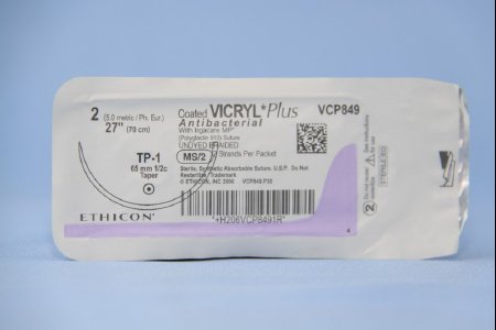 Coated Vicryl Plus - Antibacterial Suture with Needle Absorbable Coated Undyed Suture Braided Polyglactin 910 with Irgacare MP Antibacterial Suture Size 2 27 Inch Suture 1-Needle 65 mm Length 1/2 Circle Taper Point Needle - VCP849G