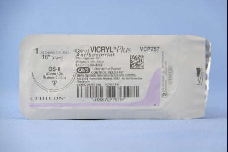 Coated Vicryl Plus Antibacterial Suture with Needle Absorbable Coated Undyed Suture Braided Polyglactin 910 with Irgacare MP Antibacterial Suture Size 1 18 Inch Suture 1-Needle 40 mm Length 1/2 Circle Reverse Cutting Needle