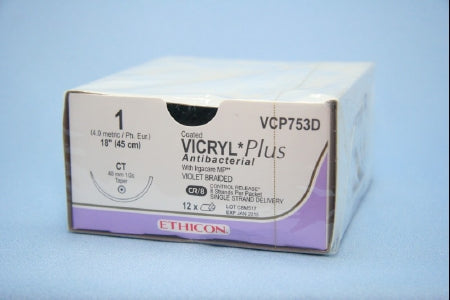 J & J Healthcare Systems Coated Vicryl Plus Antibacterial Suture with Needle Absorbable Coated Violet Suture Braided Polyglactin 910 with Irgacare MP Antibacterial Suture Size 1 18 Inch Suture 1-Needle 40 mm Length 1/2 Circle Taper Point Needle - VCP753D