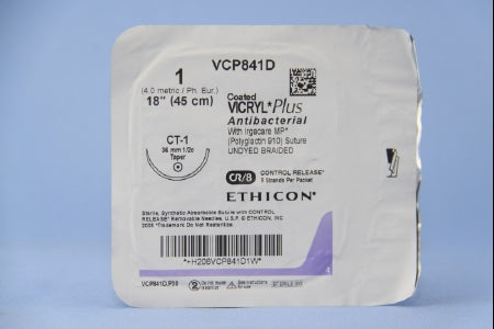 J & J Healthcare Systems Coated Vicryl Plus Antibacterial Suture with Needle Absorbable Coated Undyed Suture Braided Polyglactin 910 with Irgacare MP Antibacterial Suture Size 1 18 Inch Suture 1-Needle 36 mm Length 1/2 Circle Taper Point Needle - VCP841D