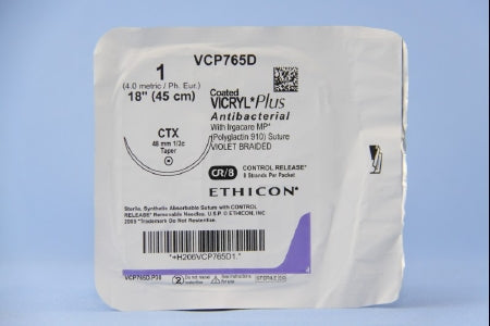 J & J Healthcare Systems Coated Vicryl Plus Antibacterial Suture with Needle Absorbable Coated Violet Suture Braided Polyglactin 910 with Irgacare MP Antibacterial Suture Size 1 18 Inch Suture 1-Needle 48 mm Length 1/2 Circle Taper Point Needle - VCP765D