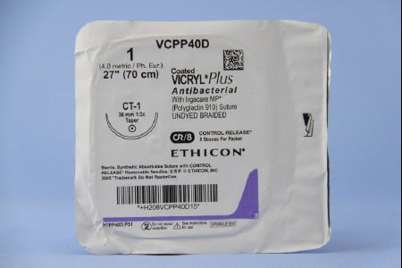 Coated Vicryl Plus - Antibacterial Suture with Needle Absorbable Coated Undyed Suture Braided Polyglactin 910 with Irgacare MP Antibacterial Suture Size 1 27 Inch Suture 1-Needle 36 mm Length 1/2 Circle Taper Point Needle - VCPP40D