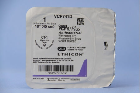 Coated Vicryl Plus - Antibacterial Suture with Needle Absorbable Coated Violet Suture Braided Polyglactin 910 with Irgacare MP Antibacterial Suture Size 1 18 Inch Suture 1-Needle 36 mm Length 1/2 Circle Taper Point Needle - VCP741D
