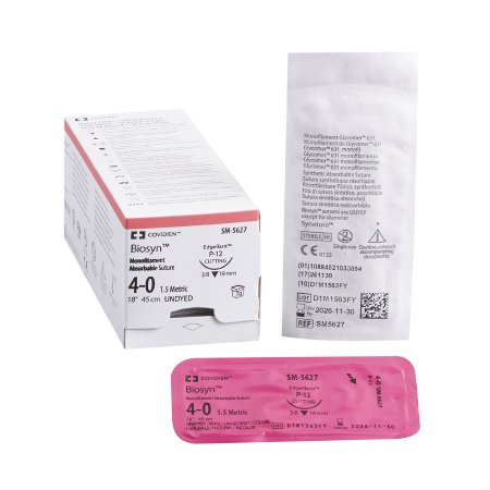 Biosyn - Suture with Needle Absorbable Uncoated Undyed Suture Monofilament Polyester Size 4 - 0 18 Inch Suture 1-Needle 19 mm Length 3/8 Circle Reverse Cutting Needle - SM-5627