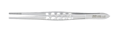 Miltex Dressing Forceps 5-1/2 Inch Surgical Grade Stainless Steel NonSterile NonLocking Fenestrated Thumb Handle Straight Serrated Tip - 6-8XL