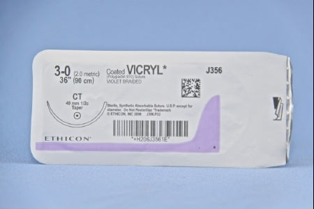 J & J Healthcare Systems Coated Vicryl Suture with Needle Absorbable Coated Violet Suture Braided Polyglactin 910 Size 3-0 36 Inch Suture 1-Needle 40 mm Length 1/2 Circle Taper Point Needle - J356H