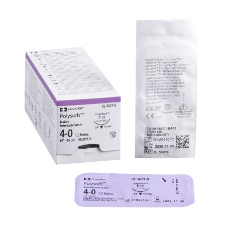 Polysorb - Suture with Needle Absorbable Coated Undyed Suture Braided Polyester Size 4 - 0 18 Inch Suture 1-Needle 19 mm Length 3/8 Circle Reverse Cutting Needle - SL-5627-G