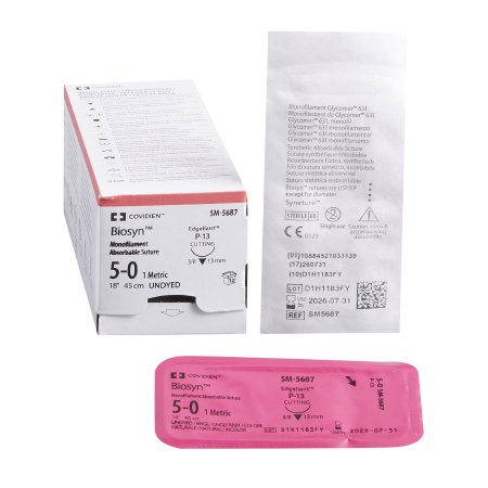 Biosyn - Suture with Needle Absorbable Uncoated Undyed Suture Monofilament Polyester Size 5 - 0 18 Inch Suture 1-Needle 13 mm Length 3/8 Circle Reverse Cutting Needle - SM-5687