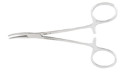 Miltex Miltex Hemostatic Forceps Halsted-Mosquito 5 Inch OR Grade Stainless Steel (German) NonSterile Ratchet Lock Finger Ring Handle Curved Serrated Tips w/1 X 2 Teeth - 43662