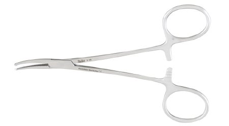 Miltex - Hemostatic Forceps Halsted-Mosquito 5 Inch Length OR Grade German Stainless Steel NonSterile Ratchet Lock Finger Ring Handle Curved Serrated Tips with 1 X 2 Teeth - 7-16