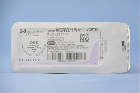 Coated Vicryl Plus Antibacterial Suture with Needle Absorbable Coated Undyed Suture Braided Polyglactin 910 with Irgacare MP Antibacterial Suture Size 2-0 18 Inch Suture 1-Needle 36.4 mm Length 1/2 Circle Reverse Cutting Needle