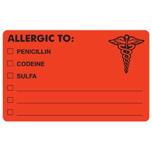 Tabbies Pre-Printed Label Allergy Alert Allergic To: / Penicillin / Codeine / Sulfa / _________ / _________/ _________ Red 2-1/2 X 4 Inch - AP488