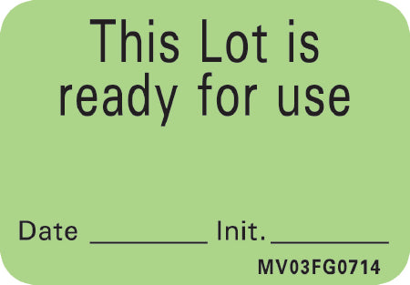 Precision Dynamics Barkley Pre-Printed Label Instructional Label This Lot is ready for use, Date-Init Fluorescent Green 1 X 1-7/16 Inch - V03FG0714