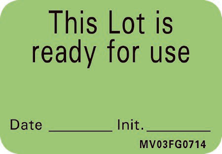 Barkley - Pre-Printed Label Advisory Label Green Plastic This Lot is ready for use, Date-Init Black Quality Control Label 1 X 1-7/16 Inch - MV03FG0714
