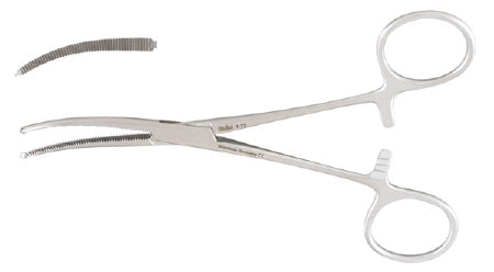 Miltex - Hemostatic Forceps Baby Ochsner 5-1/2 Inch Length OR Grade German Stainless Steel NonSterile Ratchet Lock Finger Ring Handle Curved Extra Delicate Serrated Tips with 1 X 2 Teeth - 7-72
