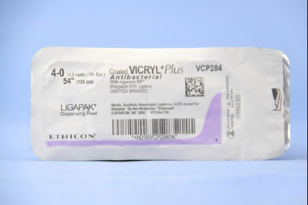 J & J Healthcare Systems Coated Vicryl Plus Antibacterial Suture without Needle Braided Polyglactin 910 with Irgacare MP Antibacterial Suture Absorbable Coated Size 4 - 0 54 Inch Suture - VCP284G