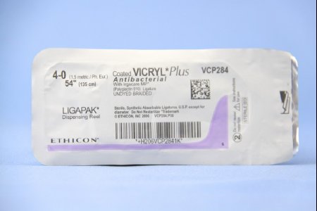 Coated Vicryl Plus - Antibacterial Suture without Needle Braided Polyglactin 910 with Irgacare MP Antibacterial Suture Absorbable Coated Size 4 - 0 54 Inch Suture - VCP284G