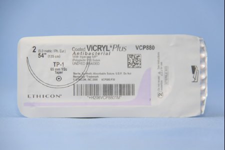 Coated Vicryl Plus - Antibacterial Suture with Needle Absorbable Coated Violet Suture Braided Polyglactin 910 with Irgacare MP Antibacterial Suture Size 2 54 Inch Suture 1-Needle 65 mm Length 1/2 Circle Taper Point Needle - VCP880T