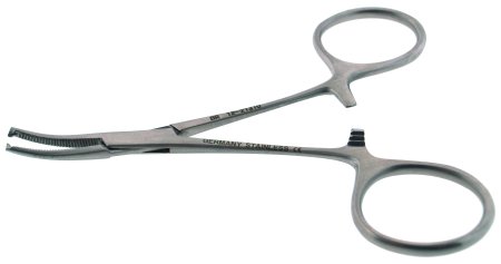 BR Surgical - Hemostatic Forceps Hartmann 4 Inch Length Surgical Grade Stainless Steel NonSterile Ratchet Lock Finger Ring Handle Straight Serrated Tips - BR12-21010