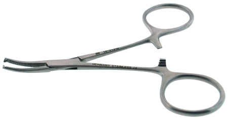 BR Surgical BR Surgical Hemostatic Forceps Hartmann 4 Inch Surgical Grade Stainless Steel NonSterile Ratchet Lock Finger Ring Handle Curved Serrated Tips - BR12-21110