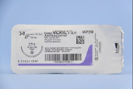 Coated Vicryl Plus - Antibacterial Suture with Needle Absorbable Coated Undyed Suture Braided Polyglactin 910 with Irgacare MP Antibacterial Suture Size 3 - 0 27 Inch Suture 1-Needle 36 mm Length 1/2 Circle Taper Point Needle - VCP258H