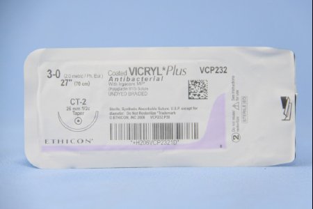 Coated Vicryl Plus - Antibacterial Suture with Needle Absorbable Coated Undyed Suture Braided Polyglactin 910 with Irgacare MP Antibacterial Suture Size 3 - 0 27 Inch Suture 1-Needle 26 mm Length 1/2 Circle Taper Point Needle - VCP232H