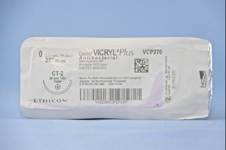 J & J Healthcare Systems Coated Vicryl Plus Antibacterial Suture with Needle Absorbable Coated Undyed Suture Braided Polyglactin 910 with Irgacare MP Antibacterial Suture Size 0 27 Inch Suture 1-Needle 26 mm Length 1/2 Circle Taper Point Needle - VCP418H