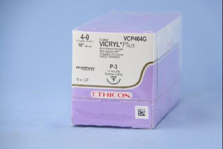 Coated Vicryl Plus Antibacterial Suture with Needle Absorbable Coated Violet Suture Braided Polyglactin 910 with Irgacare MP Antibacterial Suture Size 4-0 18 Inch Suture 1-Needle 13 mm Length 3/8 Circle Precision Point - Reverse Cutting Needle