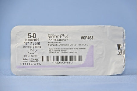 Coated Vicryl Plus Antibacterial Suture with Needle Absorbable Coated Violet Suture Braided Polyglactin 910 with Irgacare MP Antibacterial Suture Size 5-0 18 Inch Suture 1-Needle 13 mm Length 3/8 Circle Precision Point - Reverse Cutting Needle