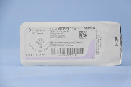 J & J Healthcare Systems Coated Vicryl Plus Antibacterial Suture with Needle Absorbable Coated Undyed Suture Braided Polyglactin 910 with Irgacare MP Antibacterial Suture Size 0 36 Inch Suture 1-Needle 40 mm Length 1/2 Circle Taper Point Needle - VCP958H