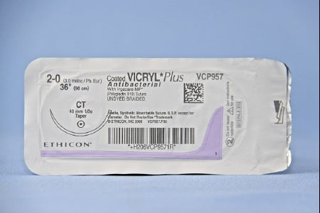 Coated Vicryl Plus - Antibacterial Suture with Needle Absorbable Coated Undyed Suture Braided Polyglactin 910 with Irgacare MP Antibacterial Suture Size 2 - 0 36 Inch Suture 1-Needle 40 mm Length 1/2 Circle Taper Point Needle - VCP957H