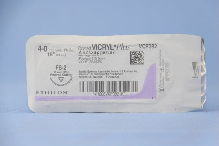 Coated Vicryl Plus Antibacterial Suture with Needle Absorbable Coated Violet Suture Braided Polyglactin 910 with Irgacare MP Antibacterial Suture Size 4-0 18 Inch Suture 1-Needle 19 mm Length 3/8 Circle Reverse Cutting Needle